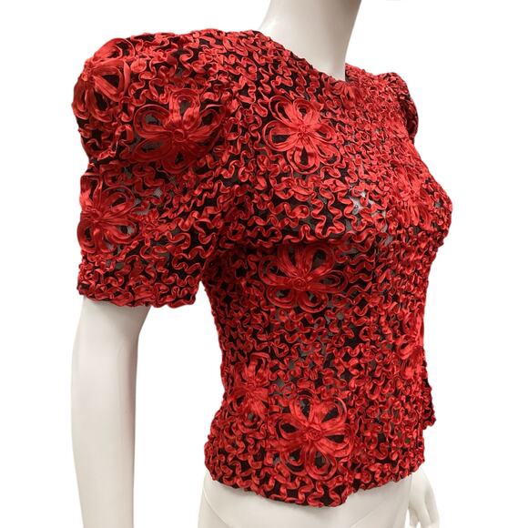 VTG Top Women’s Size S/M Made in France Mesh Ribbon Ribbing in Black & Red - Picture 2 of 4